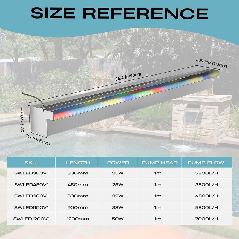 Kfpmx Pool Fountain Stainless Steel Waterfall with LED Lights - 35.4" LED Strip Remote Control with 18 Colors, Smooth Water Flow & Cascade Blade, Easy Installation for Outdoor, Garden, Patio & Ponds - Image 2